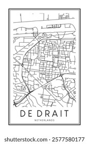 Printable downtown road map poster of the Dutch city of DE DRAIT on solid white background with city name