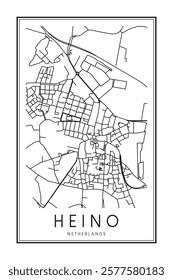 Printable downtown road map poster of the Dutch city of HEINO on solid white background with city name