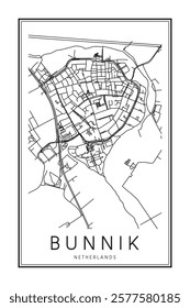 Printable downtown road map poster of the Dutch city of BUNNIK on solid white background with city name