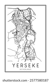 Printable downtown road map poster of the Dutch city of YERSEKE on solid white background with city name