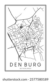 Printable downtown road map poster of the Dutch city of DEN BURG on solid white background with city name