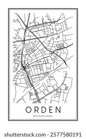 Printable downtown road map poster of the Dutch city of ORDEN on solid white background with city name