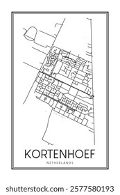 Printable downtown road map poster of the Dutch city of KORTENHOEF on solid white background with city name