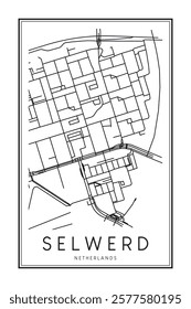 Printable downtown road map poster of the Dutch city of SELWERD on solid white background with city name