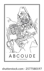 Printable downtown road map poster of the Dutch city of ABCOUDE on solid white background with city name