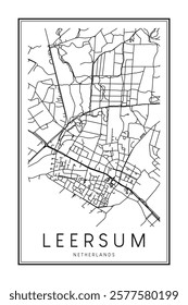 Printable downtown road map poster of the Dutch city of LEERSUM on solid white background with city name