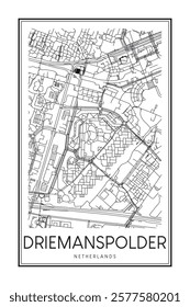 Printable downtown road map poster of the Dutch city of DRIEMANSPOLDER on solid white background with city name