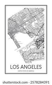 Printable downtown road map poster of the USA city of LOS ANGELES on solid white background with city name