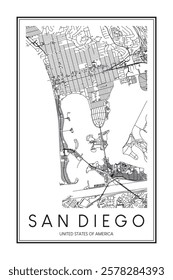 Printable downtown road map poster of the USA city of SAN DIEGO on solid white background with city name