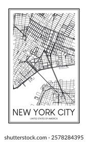 Printable downtown road map poster of the USA city of NEW YORK CITY on solid white background with city name