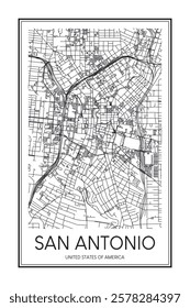 Printable downtown road map poster of the USA city of SAN ANTONIO on solid white background with city name