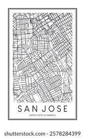 Printable downtown road map poster of the USA city of SAN JOSE on solid white background with city name