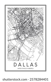 Printable downtown road map poster of the USA city of DALLAS on solid white background with city name