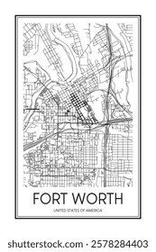 Printable downtown road map poster of the USA city of FORT WORTH on solid white background with city name