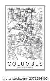 Printable downtown road map poster of the USA city of COLUMBUS on solid white background with city name