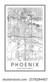 Printable downtown road map poster of the USA city of PHOENIX on solid white background with city name