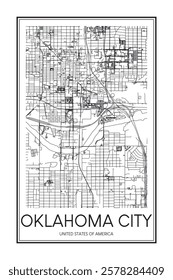 Printable downtown road map poster of the USA city of OKLAHOMA CITY on solid white background with city name