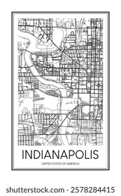 Printable downtown road map poster of the USA city of INDIANAPOLIS on solid white background with city name