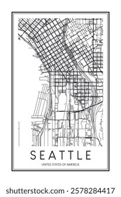 Printable downtown road map poster of the USA city of SEATTLE on solid white background with city name