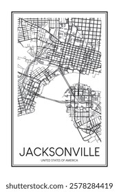 Printable downtown road map poster of the USA city of JACKSONVILLE on solid white background with city name