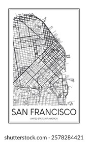 Printable downtown road map poster of the USA city of SAN FRANCISCO on solid white background with city name