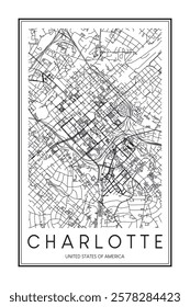 Printable downtown road map poster of the USA city of CHARLOTTE on solid white background with city name