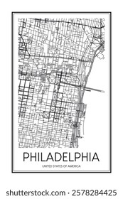 Printable downtown road map poster of the USA city of PHILADELPHIA on solid white background with city name