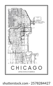 Printable downtown road map poster of the USA city of CHICAGO on solid white background with city name