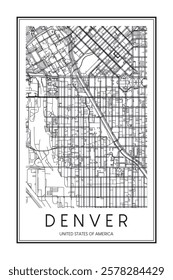 Printable downtown road map poster of the USA city of DENVER on solid white background with city name