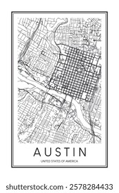 Printable downtown road map poster of the USA city of AUSTIN on solid white background with city name