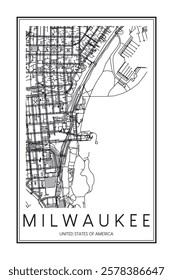 Printable downtown road map poster of the USA city of MILWAUKEE on solid white background with city name