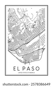 Printable downtown road map poster of the USA city of EL PASO on solid white background with city name