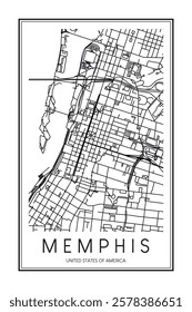 Printable downtown road map poster of the USA city of MEMPHIS on solid white background with city name