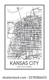 Printable downtown road map poster of the USA city of KANSAS CITY on solid white background with city name