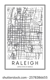 Printable downtown road map poster of the USA city of RALEIGH on solid white background with city name