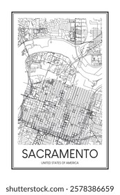 Printable downtown road map poster of the USA city of SACRAMENTO on solid white background with city name