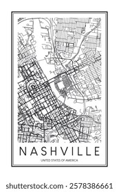 Printable downtown road map poster of the USA city of NASHVILLE on solid white background with city name