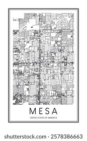 Printable downtown road map poster of the USA city of MESA on solid white background with city name