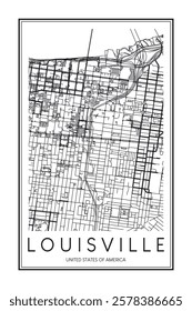 Printable downtown road map poster of the USA city of LOUISVILLE on solid white background with city name