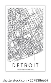 Printable downtown road map poster of the USA city of DETROIT on solid white background with city name