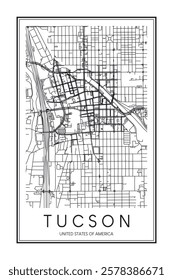 Printable downtown road map poster of the USA city of TUCSON on solid white background with city name