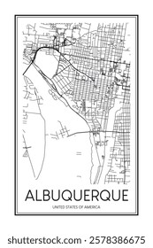 Printable downtown road map poster of the USA city of ALBUQUERQUE on solid white background with city name