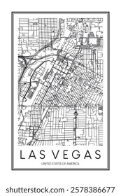 Printable downtown road map poster of the USA city of LAS VEGAS on solid white background with city name