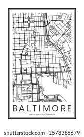 Printable downtown road map poster of the USA city of BALTIMORE on solid white background with city name