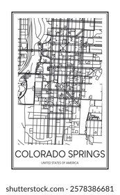 Printable downtown road map poster of the USA city of COLORADO SPRINGS on solid white background with city name