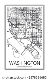 Printable downtown road map poster of the USA city of WASHINGTON on solid white background with city name