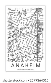 Printable downtown road map poster of the USA city of ANAHEIM on solid white background with city name