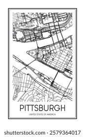 Printable downtown road map poster of the USA city of PITTSBURGH on solid white background with city name