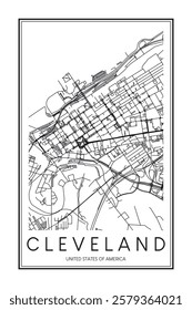 Printable downtown road map poster of the USA city of CLEVELAND on solid white background with city name