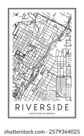 Printable downtown road map poster of the USA city of RIVERSIDE on solid white background with city name